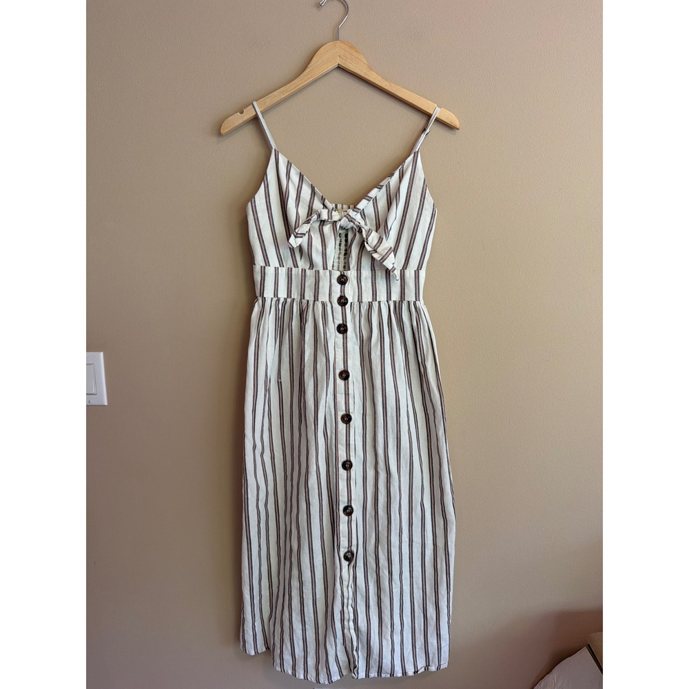 Japna Striped Cotton Midi Dress Tie Front Button Down Smocked Back White Small